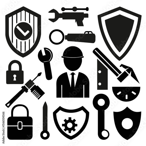 Perfect Vector Collection Of Security Tools Silhouettes For Use Graphics Websites And Apps Designs On White Background