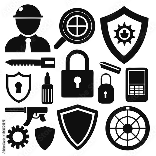  Perfect Vector Collection Of Security Tools Silhouettes For Use Graphics Websites And Apps Designs On White Background