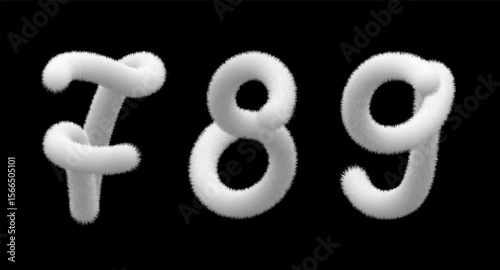 Fur number 3d set. Fuzzy digit 7, 8 and 9. White alphabet with animal hair, fluffy christmas font. Furry feather felt on black bg, soft textured isolated symbols of round woolen pompon. Winter textile