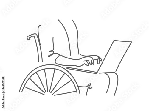 Disabled person in the wheelchair works at the computer.  Hand drawn line drawing Vector doodle illustration
