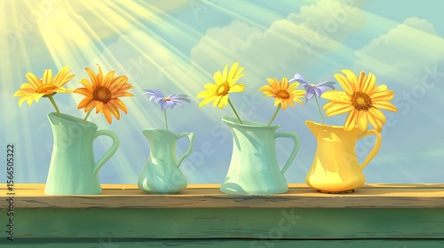 Sunlit Daisies in an Assortment of Vessels Against a Dreamy Sky Canvas