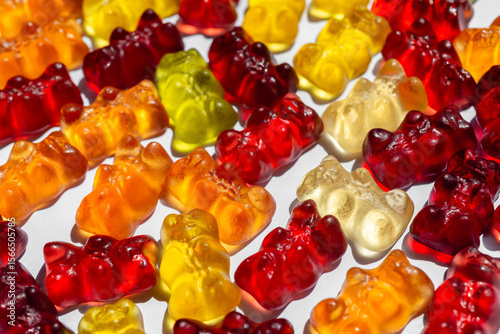Colorful Haribo gummy bears on white background