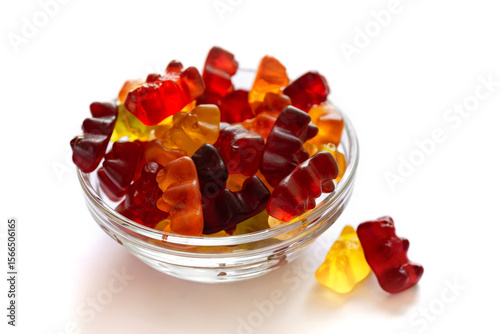 Colorful different Haribo gummy bears on white background