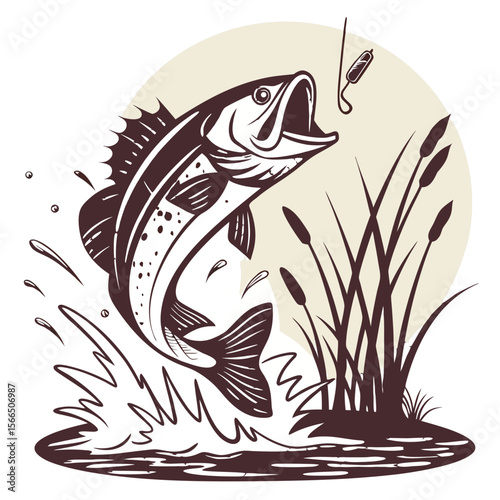 Leaping Bass Fishing Illustration jumping water