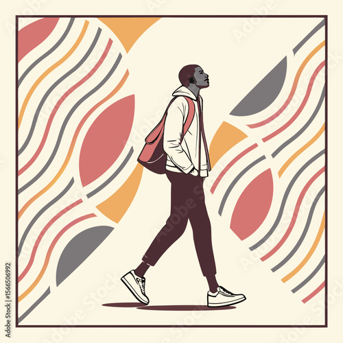 Man walking with backpack abstract pattern geometric