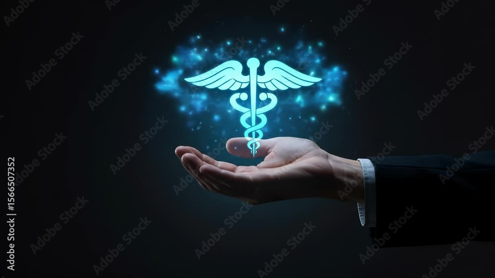 Healing Hands: Businessman presenting glowing Caduceus symbolizing modern healthcare solutions and wellness support.