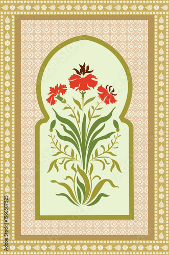 Mughal wall paintings, botanical floral ethnic motif, Indian traditional flower motif. Botanical floral ethnic motif, Traditional indian Mughal floral motif ethnic decorative border pattern design,