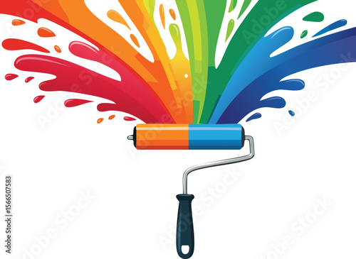 Vibrant Paint Roller Splashing Rainbow Colors