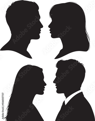 Vector simple silhouettes or icons of two people - woman and man facing each other - relationship, conversation, love, gender stock illustration