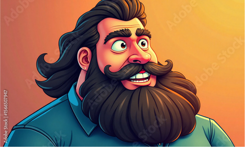 Cheerful man with a large beard and long hair smiling against a warm gradient background

