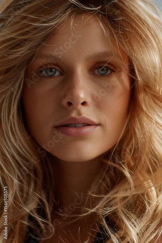 Blond European woman with wavy hair and natural makeup. She has a serene expression and is looking directly at the camera.