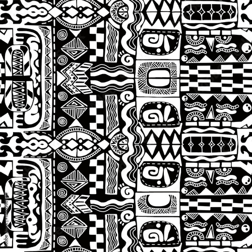 A black and white hand-drawn drawing in the Mexican style.Seamless pattern.	

