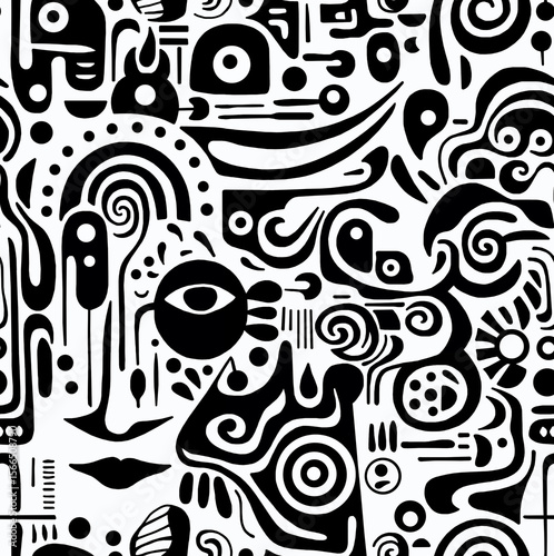 A black and white hand-drawn drawing in the Mexican style.Seamless pattern.	
