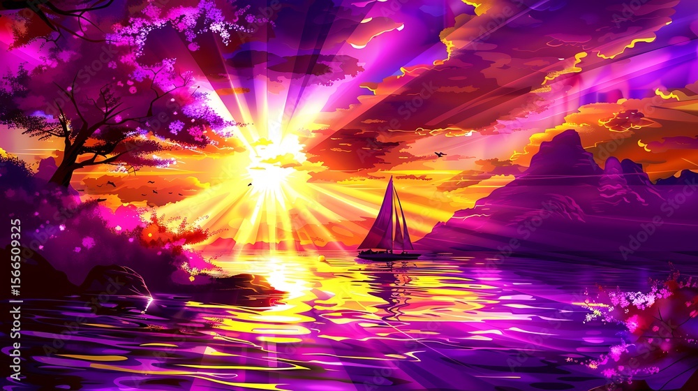 Fototapeta premium Vibrant seascape featuring a sailboat bathed in the colorful light of a surreal sunset