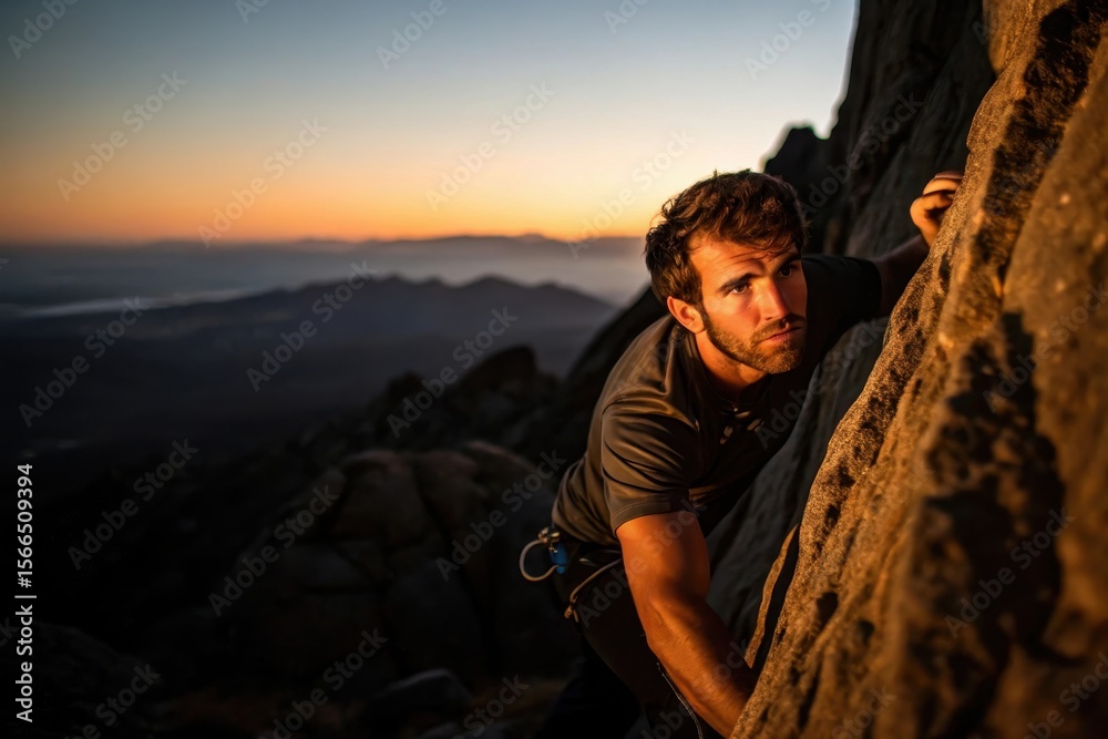 Naklejka premium A climber halfway up a rugged cliff face