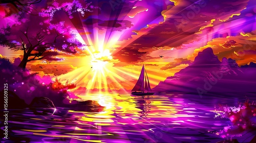 Vibrant seascape featuring a sailboat bathed in the colorful light of a surreal sunset