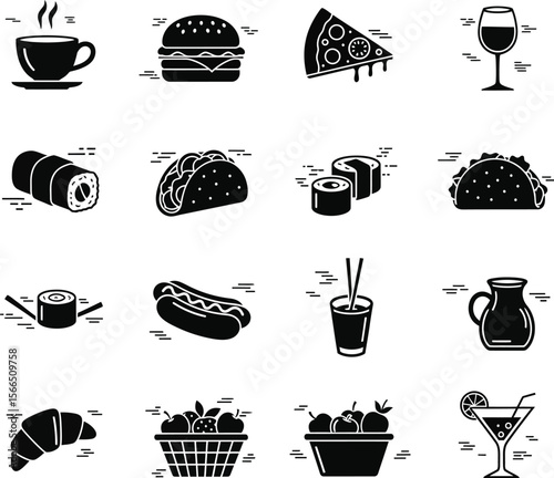 Collection of popular food and drink icons in a clean black and white style