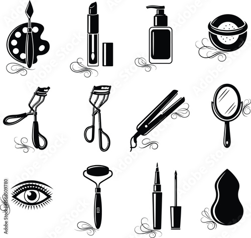 Collection of black and white icons representing various beauty and makeup products and tools