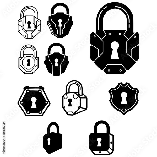 A stylish set of architectural security symbols, blending modern design with the concept of a fortified location