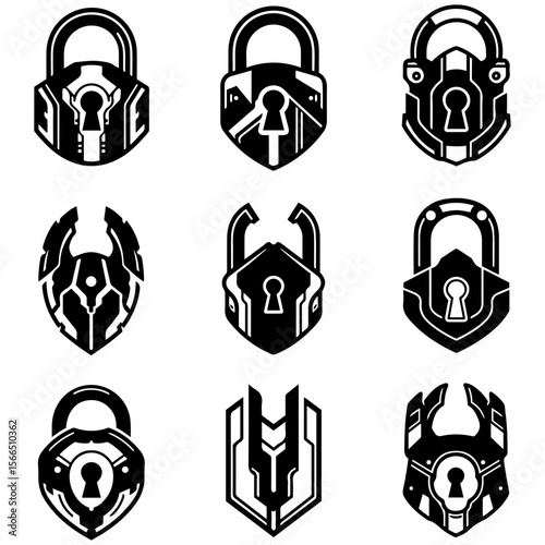 A beautiful assortment of modern heraldry features lock and keyhole motifs within an emblematic shield form