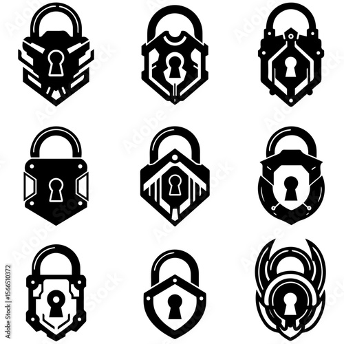 Shield-shaped lock icons are ideal for security companies, private clubs, and premium service branding