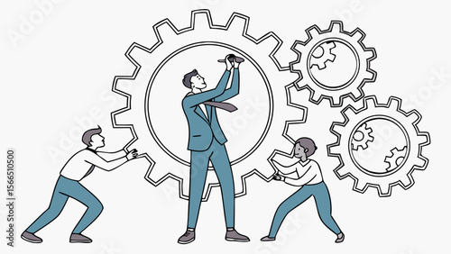 Vector Teamwork and collaboration concept with business people turning gears to solve problems and achieve goals, cooperation and mechanical synergy