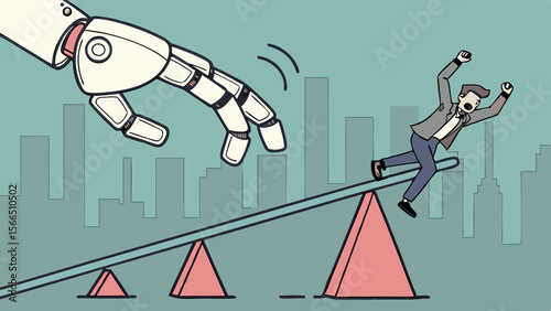 Vector Robotic automation disrupting business, AI replacing human jobs, businessman falling off balance, future of work, machine impact and job displacement