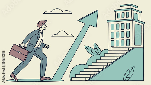 Vector Business success, ambition, and goal achievement. Businessman climbing stairs with upward arrow to office building, symbolizing career growth,