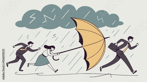 Vector Business Teamwork Concept, Crisis Management, Protection, Collaboration, People Running in Rainstorm with Large Umbrella