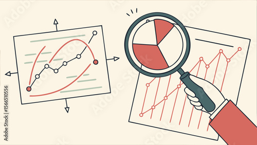 Analyzing data with magnifying glass reveals insights from charts and graphs