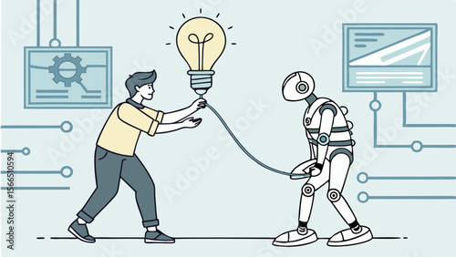 Vector Human powering robot with lightbulb symbolizing innovation, idea sharing, AI collaboration, and future technology teamwork in business development