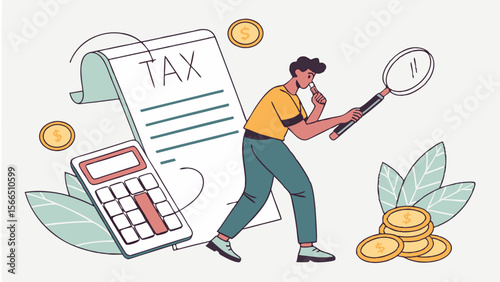 Vector Tax Document Analysis with Calculator, Coins, and Magnifying Glass, Financial Report Review, Taxpayer Audit, Accounting Inspection, Business Budget Check