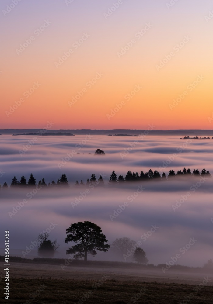 Fototapeta premium Misty Sunrise Landscape with Silhouetted Trees