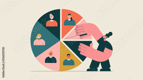 marketer's hands cutting a pie chart of customer avatars, vector illustration for demographic analysis, population segmentation and target audience research