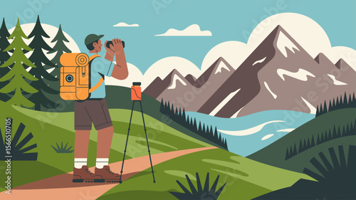hiker with backpack and binoculars exploring a mountain landscape, vector illustration for eco-tourism, responsible travel and nature adventure