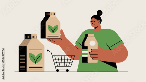 consumer choosing a sustainable product with a green leaf logo, vector illustration for eco-conscious consumerism, ethical shopping and organic lifestyle choices
