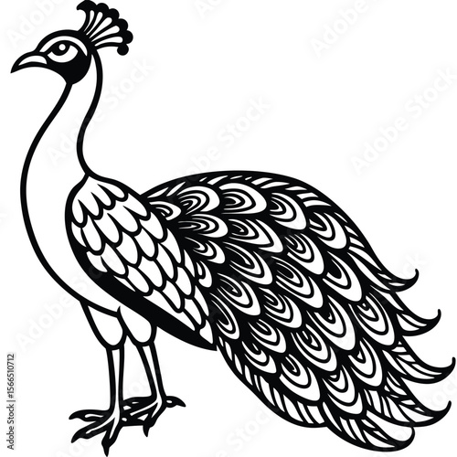Stylized peacock silhouette with intricate feather details isolated on white background