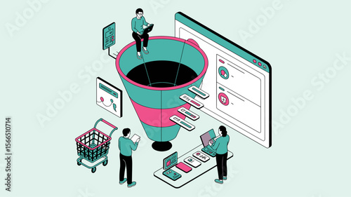 marketing team guiding customers through a large sales funnel, isometric vector illustration for e-commerce, customer journey mapping and conversion rate optimization