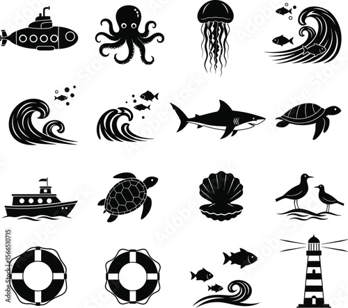Collection of black and white marine life and nautical icons on a white background