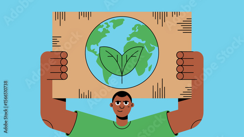 activist holding a sign with an earth and leaf symbol, vector illustration for environmental activism, climate action and sustainability awareness