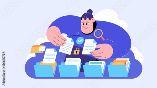 archivist sorting secure documents into folders, vector illustration for document management, data organization and information archiving
