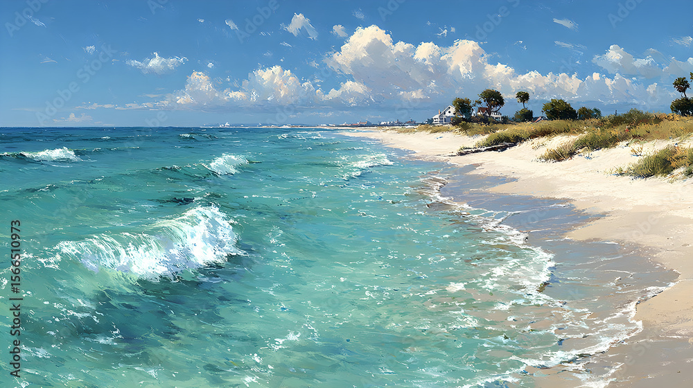 Fototapeta premium Photorealistic coastal view, turquoise waves crashing against white sandy beach.