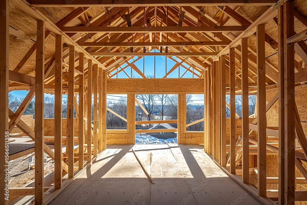Obraz premium view from the inside of a frame house that is still being built from wooden beams