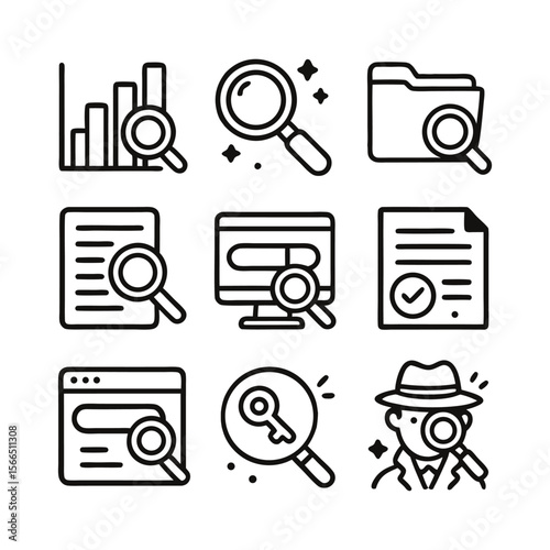 A collection of nine outlined icons depicting search, analysis, and investigation concepts.