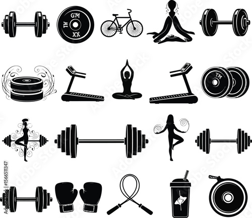 Collection of fitness and exercise icons including dumbbells treadmills yoga poses and boxing gloves