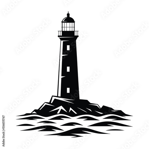 A black and white silhouette illustration of a lighthouse
