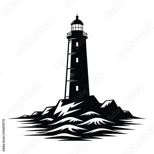 A black and white silhouette illustration of a lighthouse