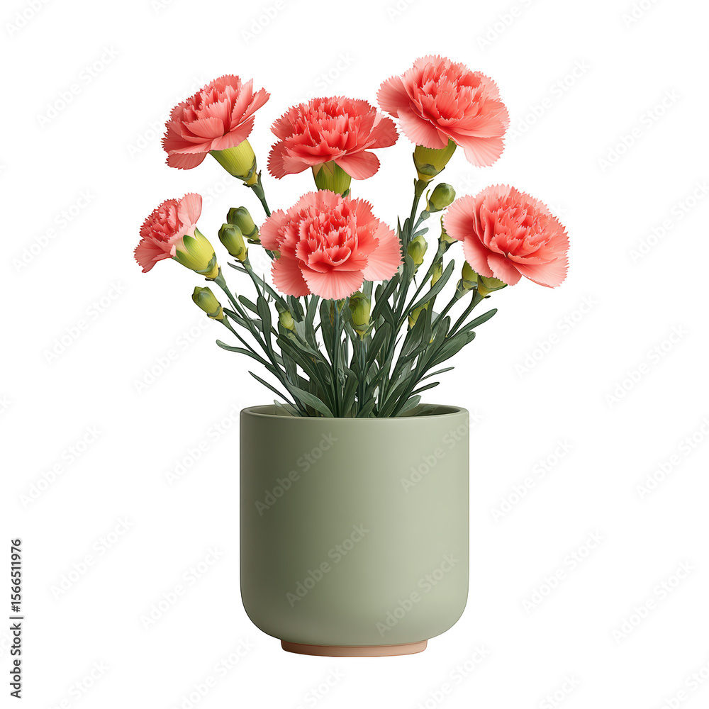 Obraz premium Beautiful Arrangement of Pink Carnations in a Tall Sage Green Pot on a Simple White Background
