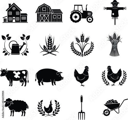 Collection of black farm icons including house barn tractor scarecrow animals and tools