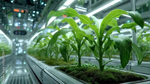 Futuristic indoor hydroponic farm growing fresh, green produce under bright lights.